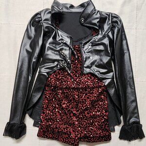 Tenth House Black Faux Leather Jacket and Red Sequin Unitard Dance Costume MC